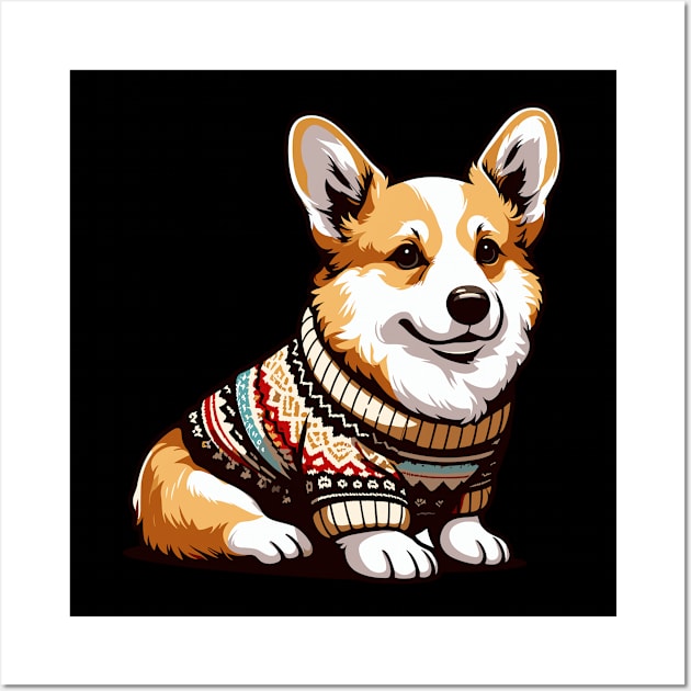 Corgi Wearing a Sweater Funny Corgi Dog In Sweater Wall Art by valeriegraydesign